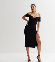 New Look Black Bardot Split Hem Midi Bodycon Dress